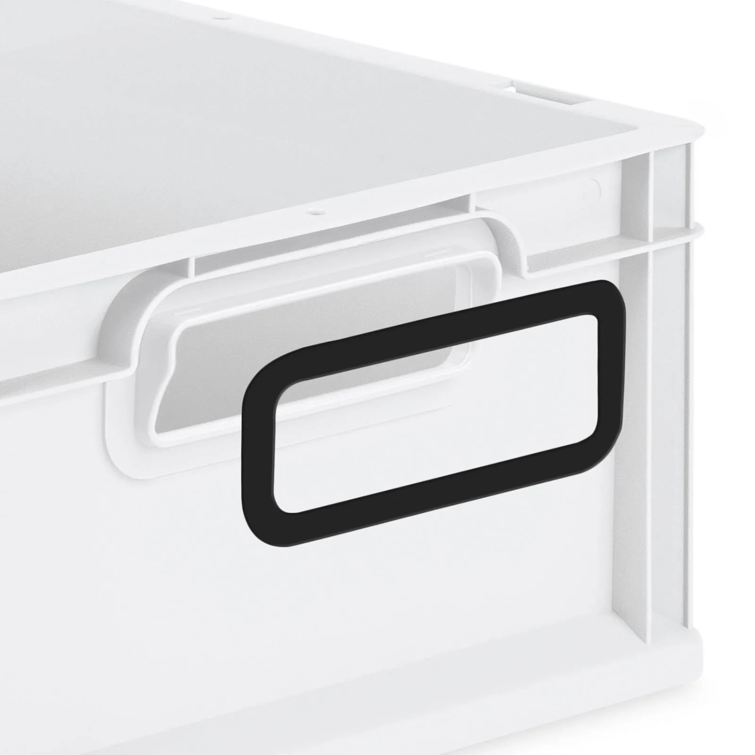Detailaufnahme: Graue PROREGAL Eurobox mit schwarzem Griff. Aufbewahrungsbox für Lagerung und Transport.