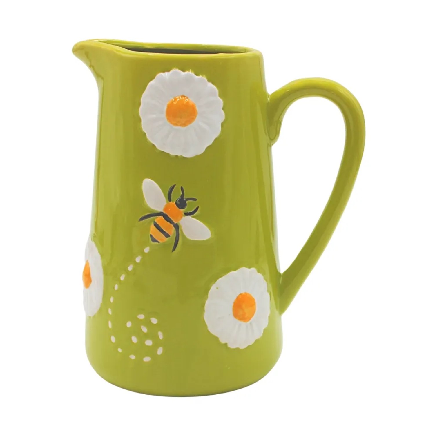 Dekohelden24 XL Dekovase Blumenvase Keramikvase Vase mit Bienen und Mageriten Vase mit Bienen Dekor in Grün L/B/H 20 x 12 x 19 cm