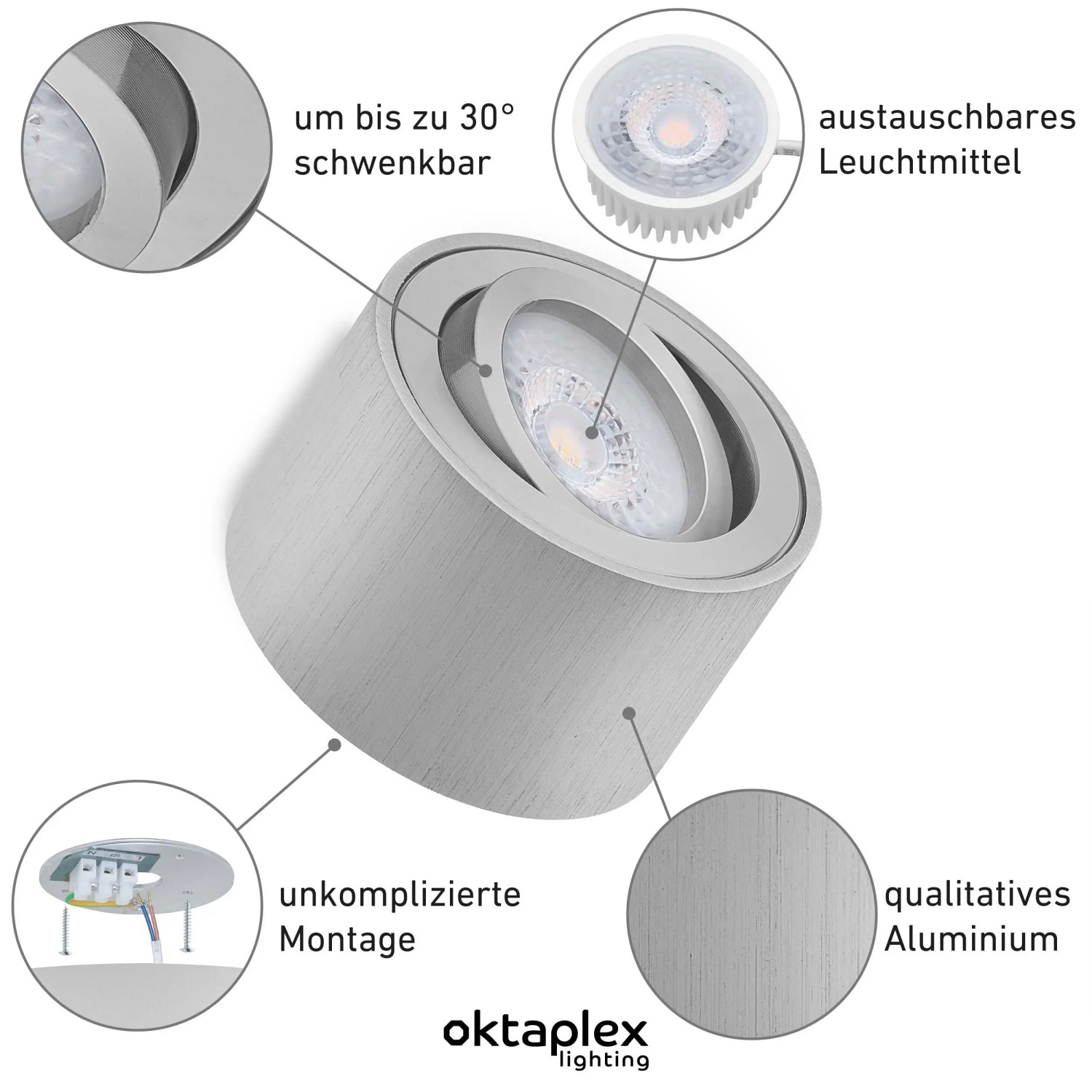 Oktaplex Deckenspot Lile S, 12er Set, gebürstetes Aluminium, dimmbar, warmweißes LED-Licht.