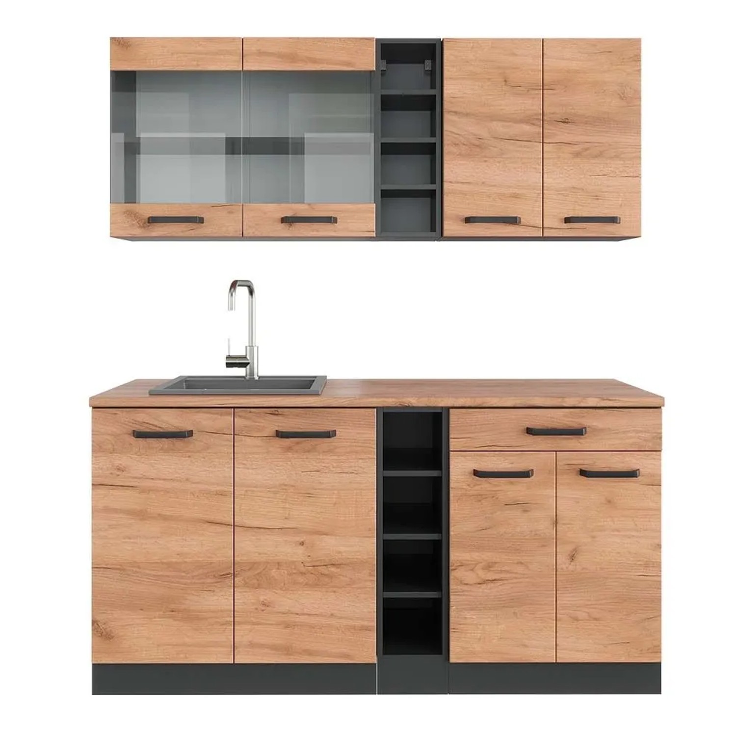 Vicco R-Line Singleküche Goldkraft Eiche Anthrazit 160 cm AP Eiche ohne E-Geräte Opt2