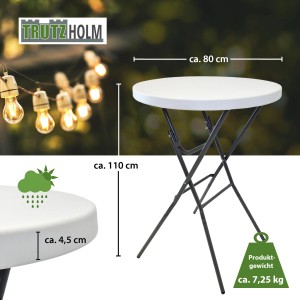 TRUTZHOLM Stehtisch, klappbar, Ø 80cm, Höhe 110cm, weiße Tischplatte, ideal für Partys und Events.