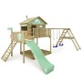 Wickey Spielturm Smart Ocean mit Rutsche, Schaukel und Klettergerüst in Pastellgrün.
