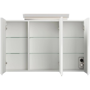 Weißer Hochglanz Spiegelschrank 100 cm mit 3 offenen Türen, LED-Lampe, Glasböden, Steckdose und Lichtschalter.