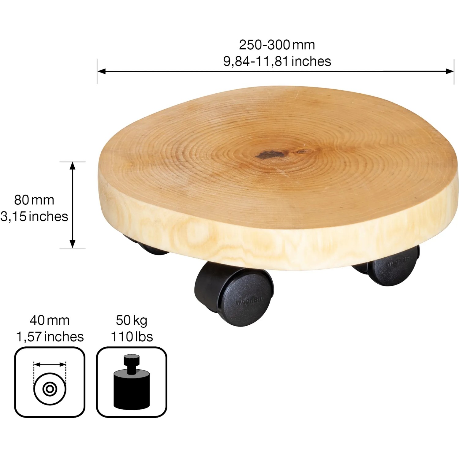 Wagner Pflanzenroller GH 0268, Ø 25-30cm, Birke FSC®, mit Rollen. Baumscheibe aus Holz.