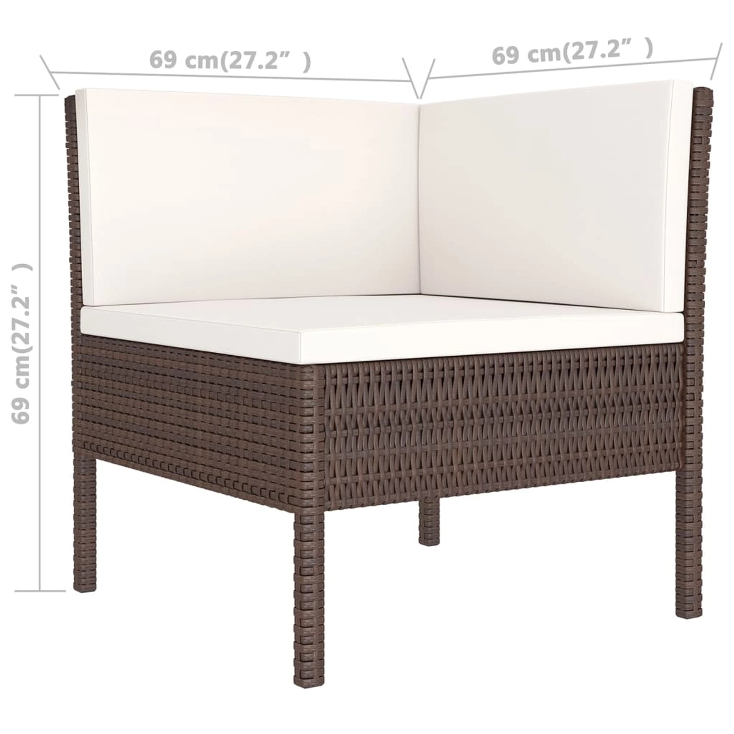 Braunes Rattan Garten Ecksofa mit cremefarbenen Auflagen, Teil eines Lounge Sets.
