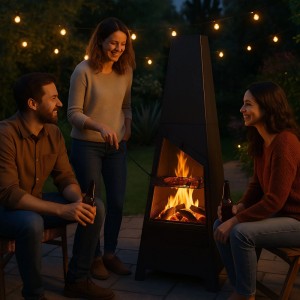 Schwarzer Stahl Gartenkamin mit Grillfunktion. Freunde grillen am Feuer im Garten bei gemütlicher Abendstimmung.