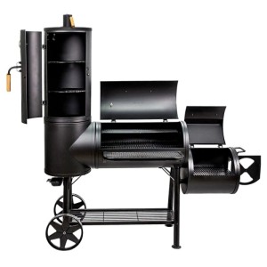 Taino Chief 130kg Holzkohle-Smoker. Robuster schwarzer Grill mit geöffneten horizontalen & vertikalen Räucherkammern, Rädern.
