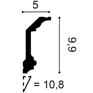 Profilzeichnung der weißen ORAC DECOR C321 LUXXUS Eckleiste, Maße 9,9 x 5 cm.