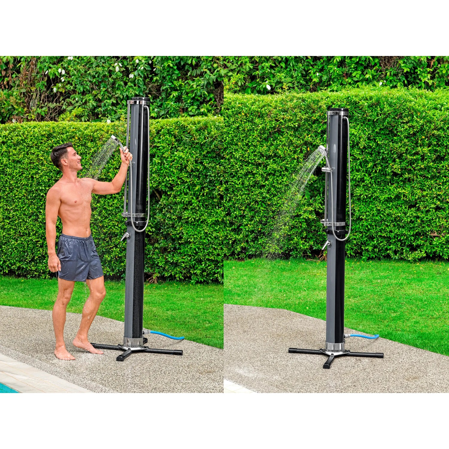 Bestway Solarflow Gartendusche 35 l: Schwarze Outdoor-Dusche mit Mann unter der Dusche im Garten.