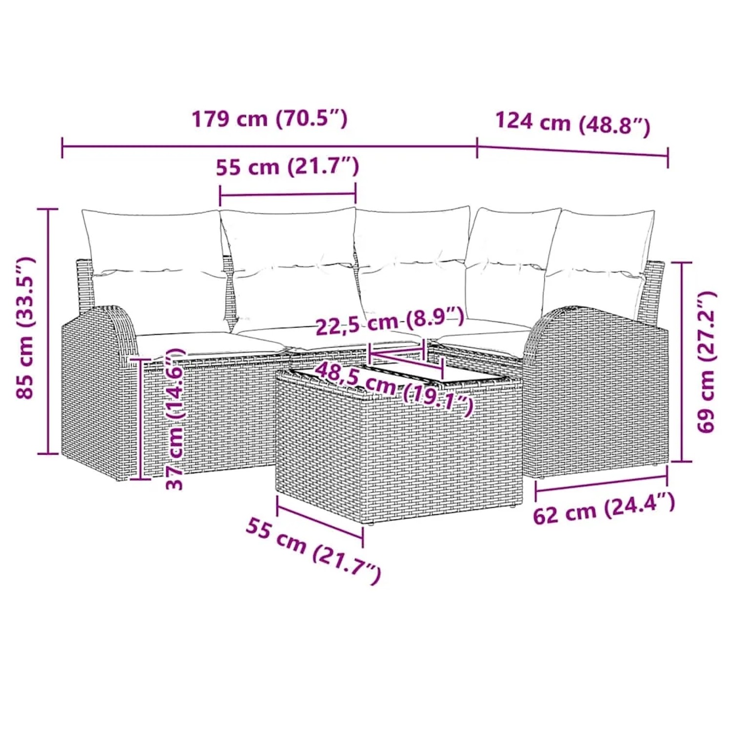 vidaXL Gartenmöbel Set, hellgraues Poly Rattan Sofa mit Tisch, Maße eingezeichnet.