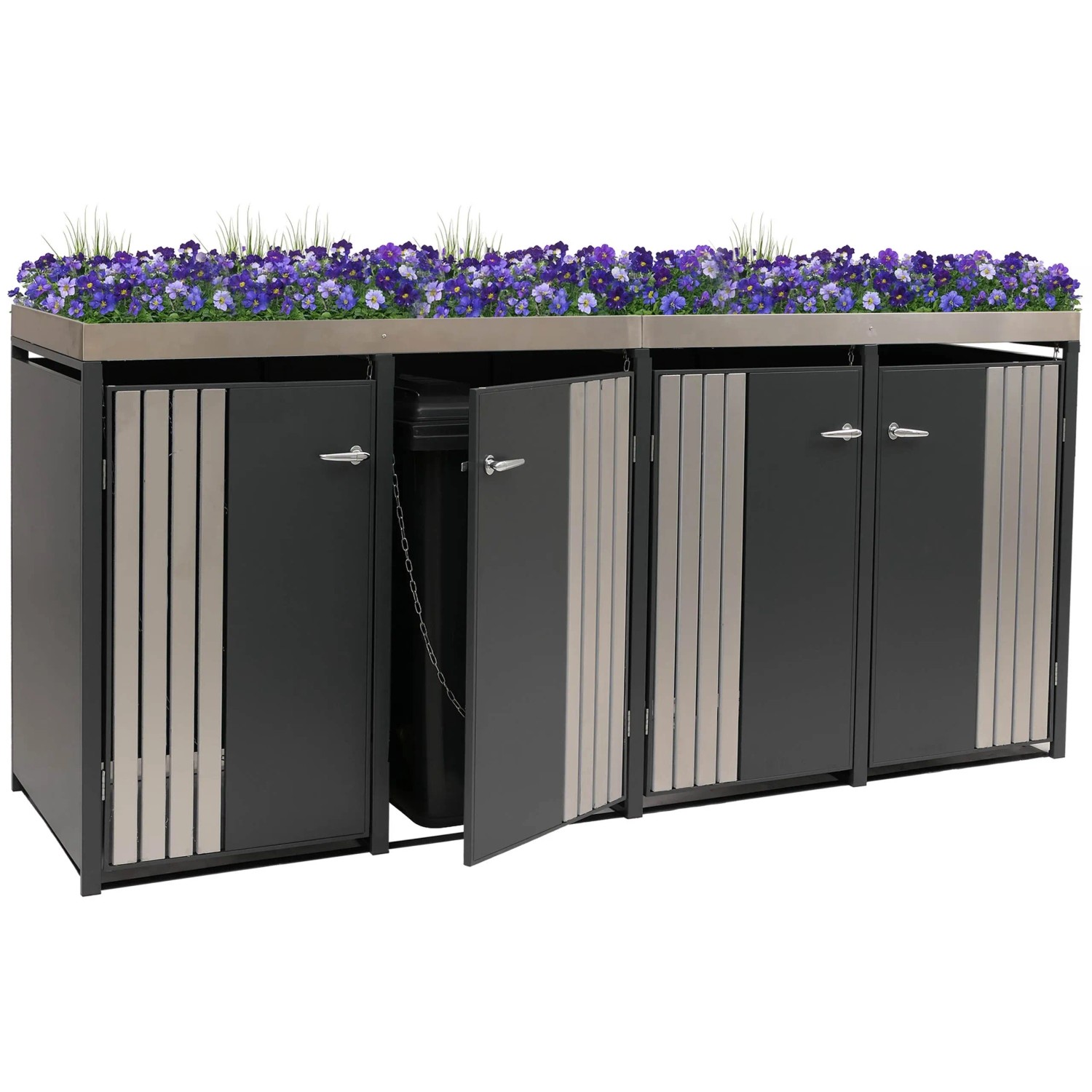 Proregal 4er-Mülltonnenverkleidung anthrazit mit Edelstahl-Pflanzkasten, lila Blumen, eine Tür offen.
