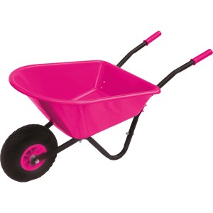 Pinke Pro-Bau-Tec Kinderschubkarre mit 20 l Mulde und pannensicherem Rad.