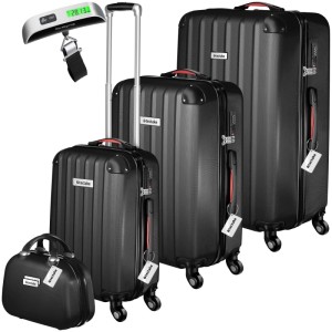 Schwarzes Tectake Hartschalenkoffer-Set Cleo, 4-teilig mit Kofferwaage und Anhänger.