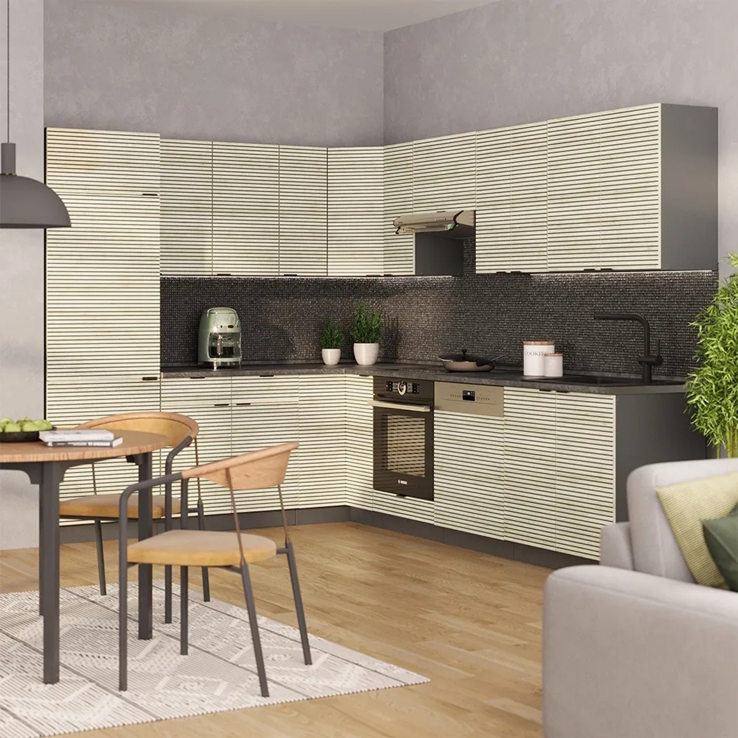 Moderne Vicco Eckküche Fame-Line in Eiche Paneel/Anthrazit, 227x287 cm, mit L-Form Design.