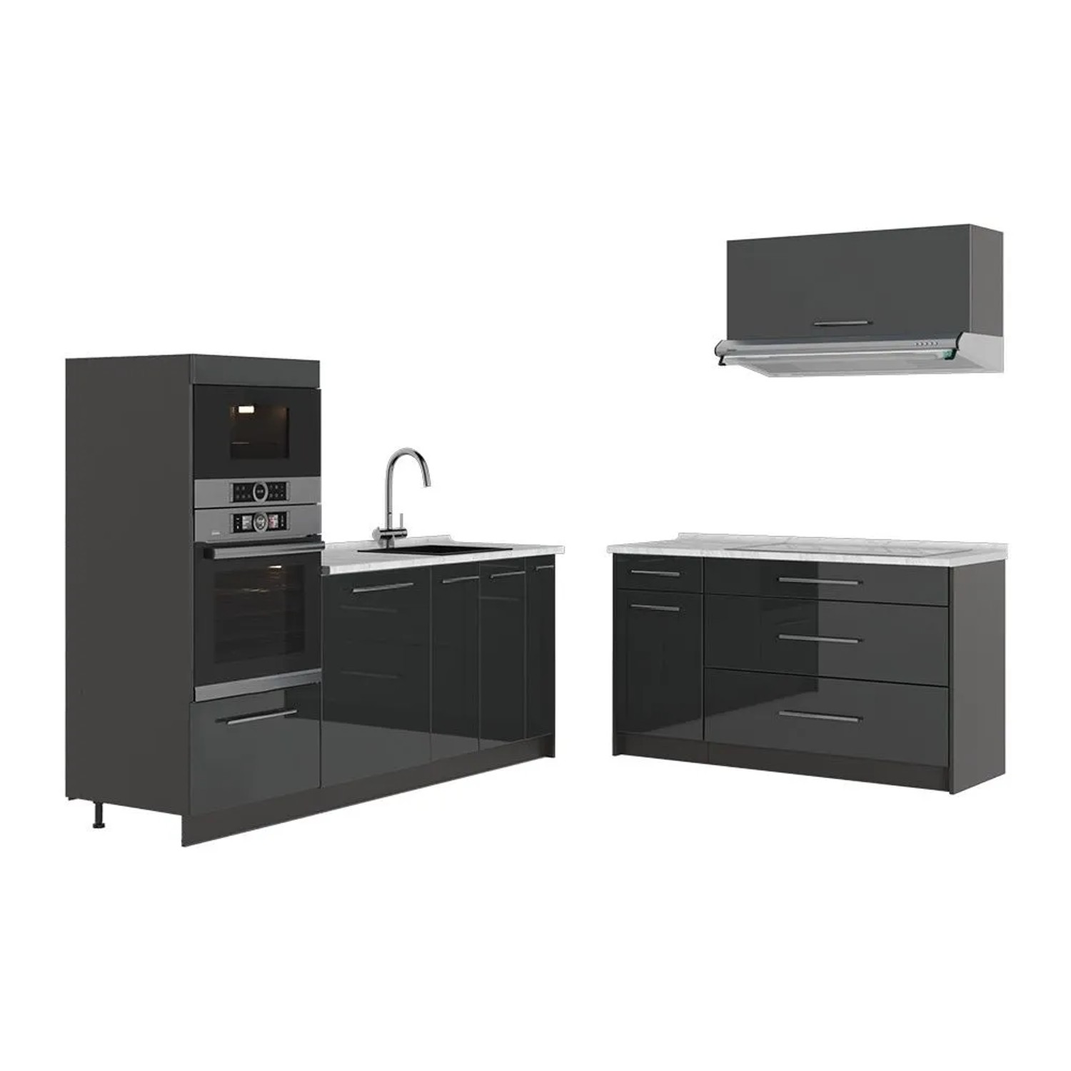 Vicco Küchenzeile Fame-Line Anthrazit Hochglanz/Anthrazit 340 x 154 AP Marmor Art Nr 63855