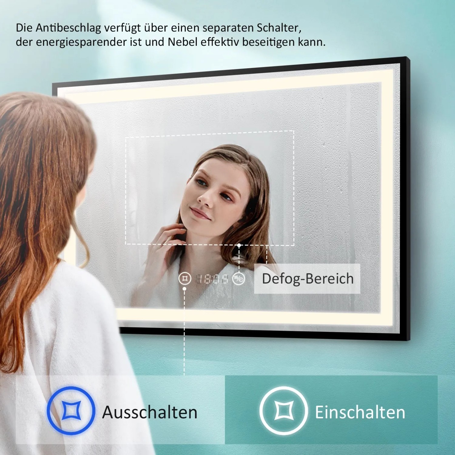 Emke Badspiegel 100x70 mit LED-Beleuchtung, schwarzem Rahmen, Touch, Antibeschlag, Uhr und Temperaturanzeige.