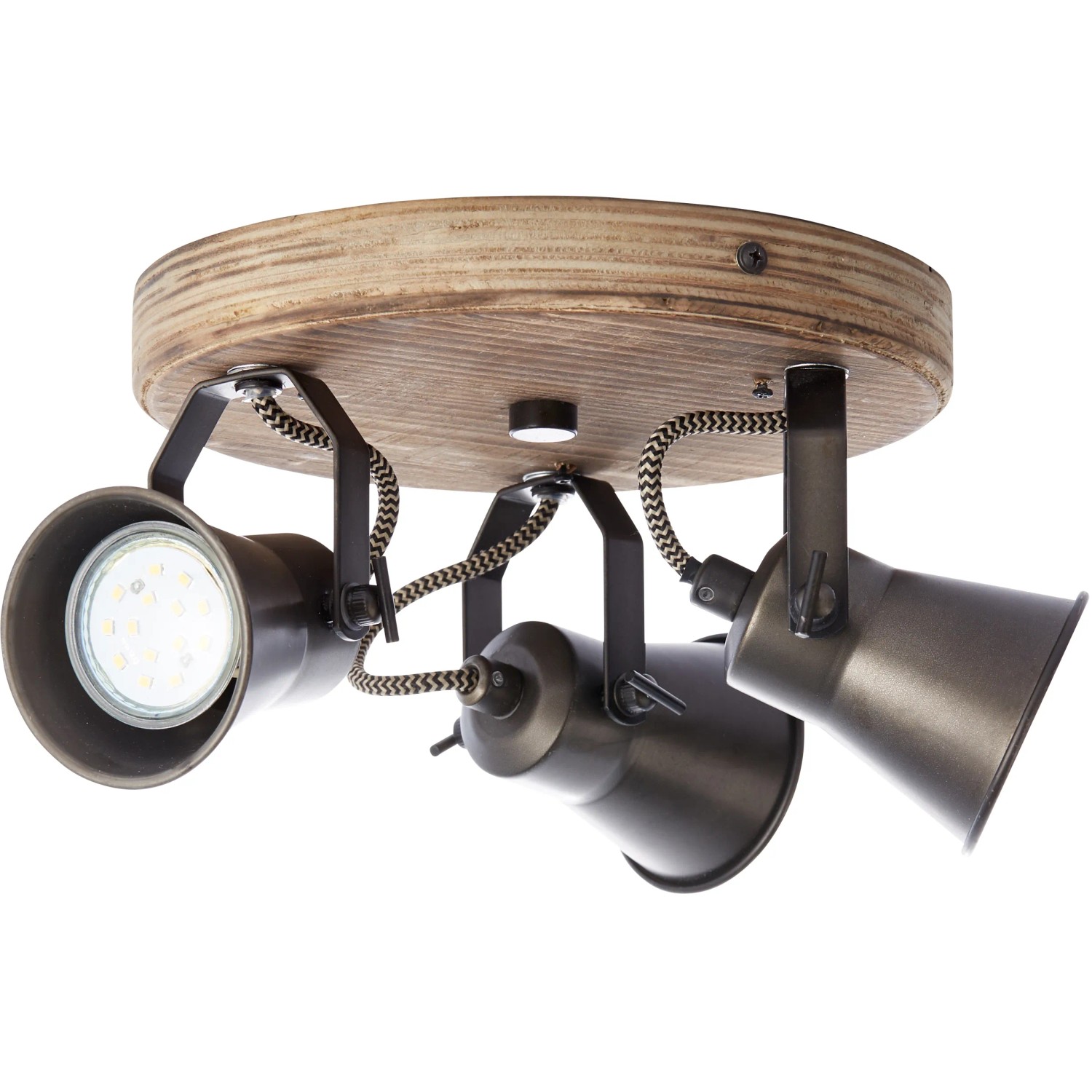 Brilliant Spotrondell Seed, 3-flammig, schwarz, Stahl/Holz: Deckenleuchte mit drei Strahlern.