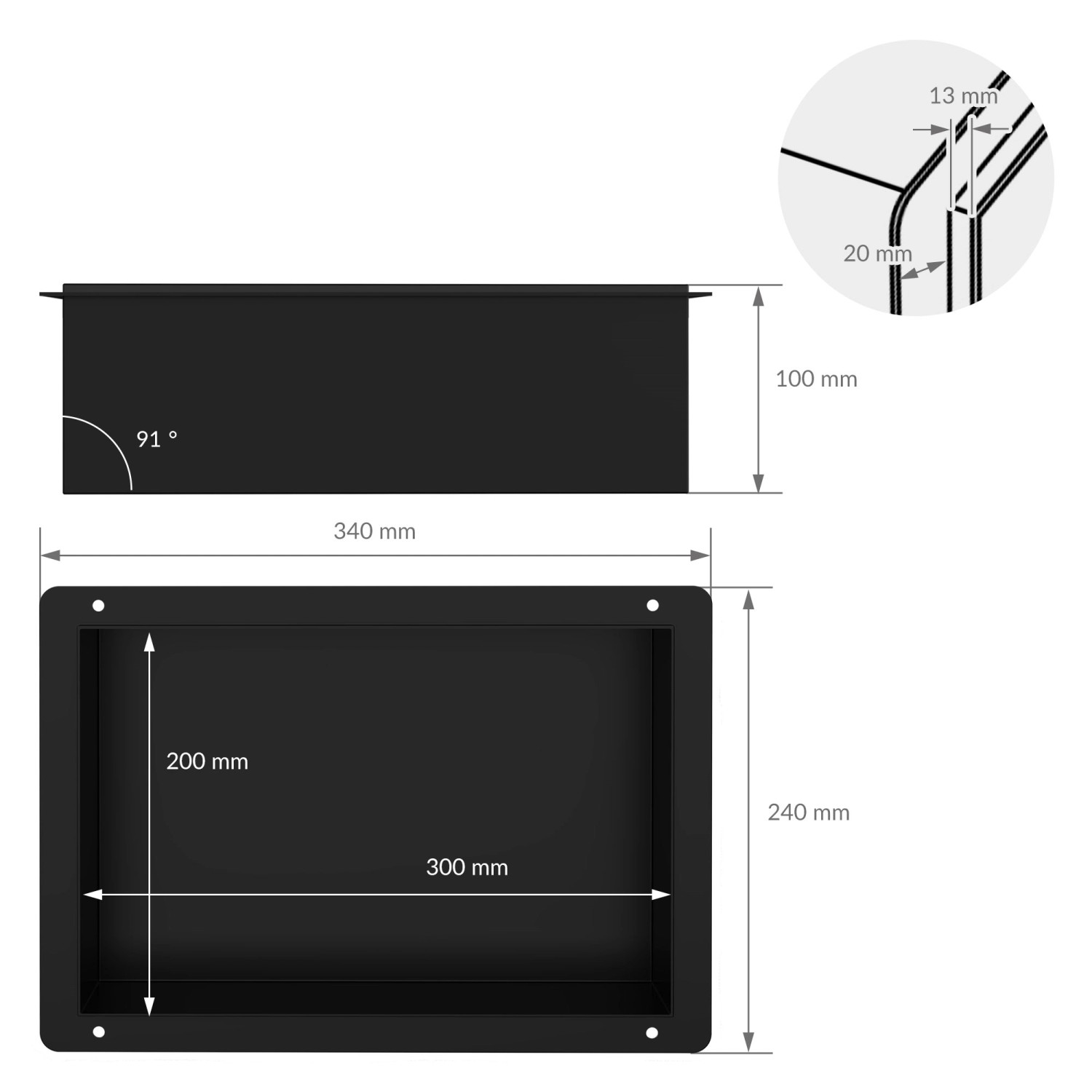 Technische Zeichnung: LuxeBath Wandnische, 20x30x10cm, Edelstahl, schwarz, randlos. Maße und Details der Duschablage.