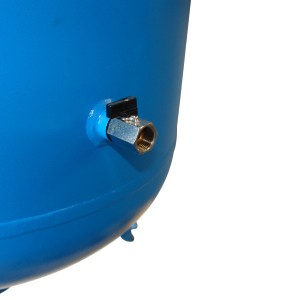 Detailaufnahme: Blauer Güde Kompressor ST 800/11/270 mit Ablasshahn.
