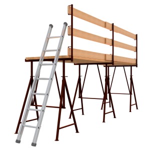 Schake Geländerpfosten mit Leiter und Faltgerüstbock Compakt S Braun.