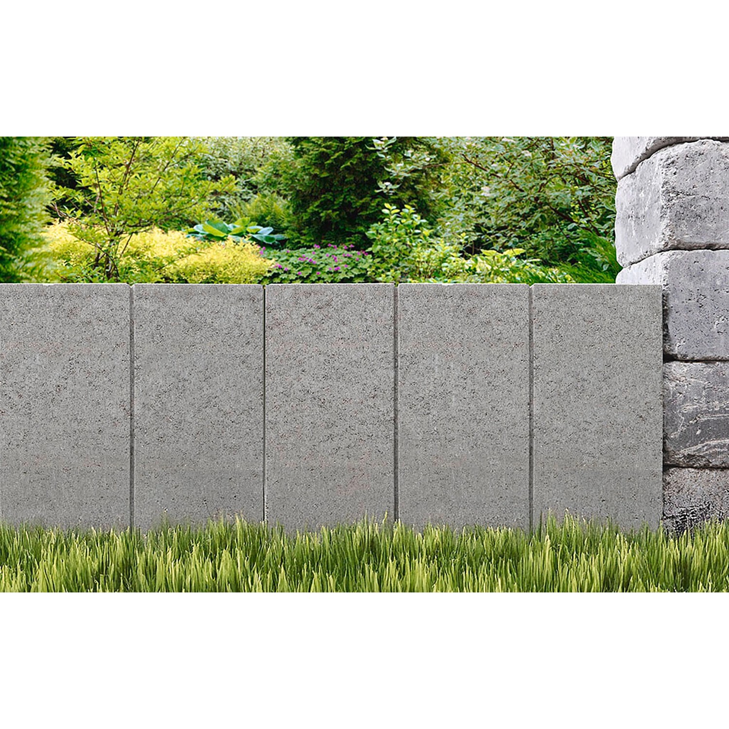 Graue EHL Rechteck-Palibord Tulo Einfassung (8x30x50cm) im Garten.