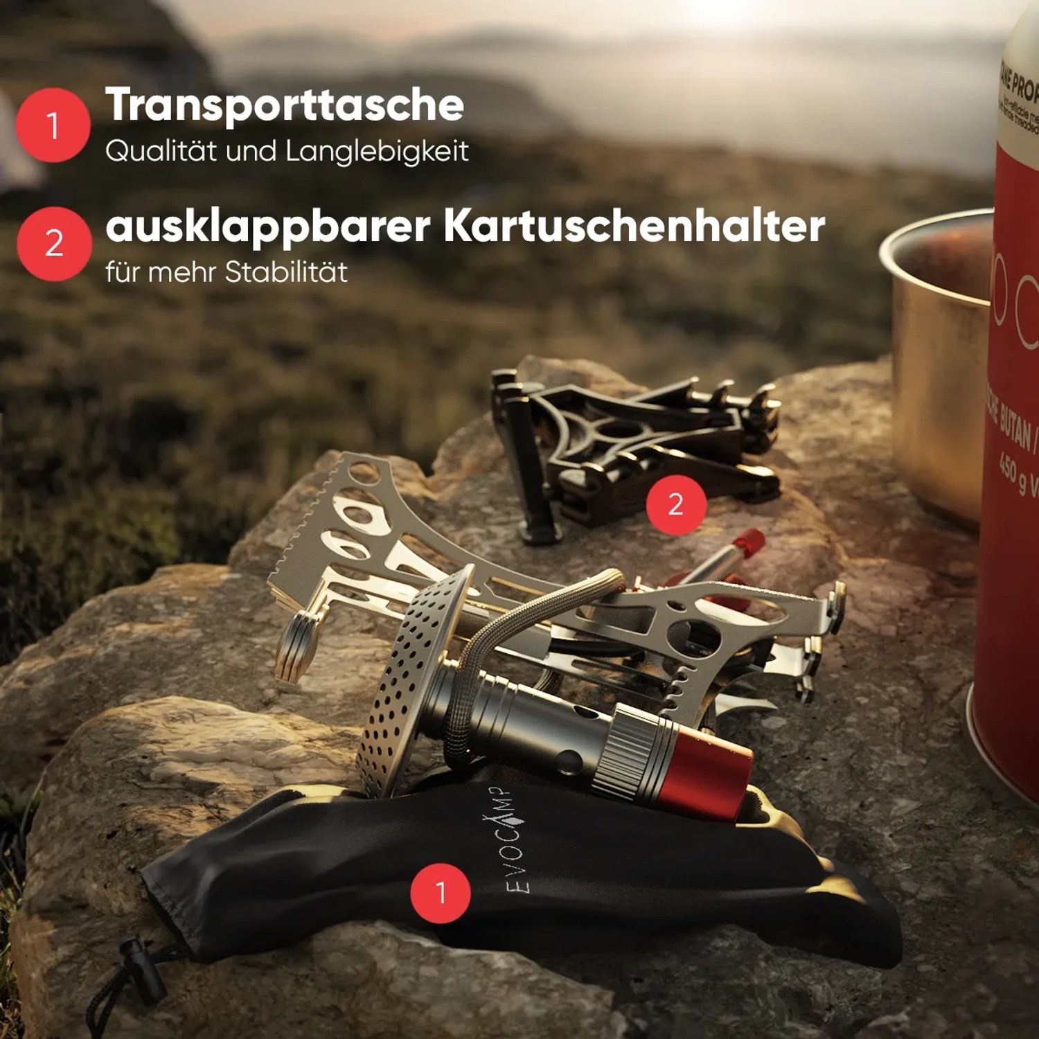 Evocamp Mini-Gaskocher mit Transporttasche und klappbarem Kartuschenhalter für Camping.