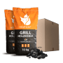 Zwei orange-schwarze Heizfuxx Grillholzkohle 10kg Säcke, Gastro-Qualität, mit loser Holzkohle und Karton.