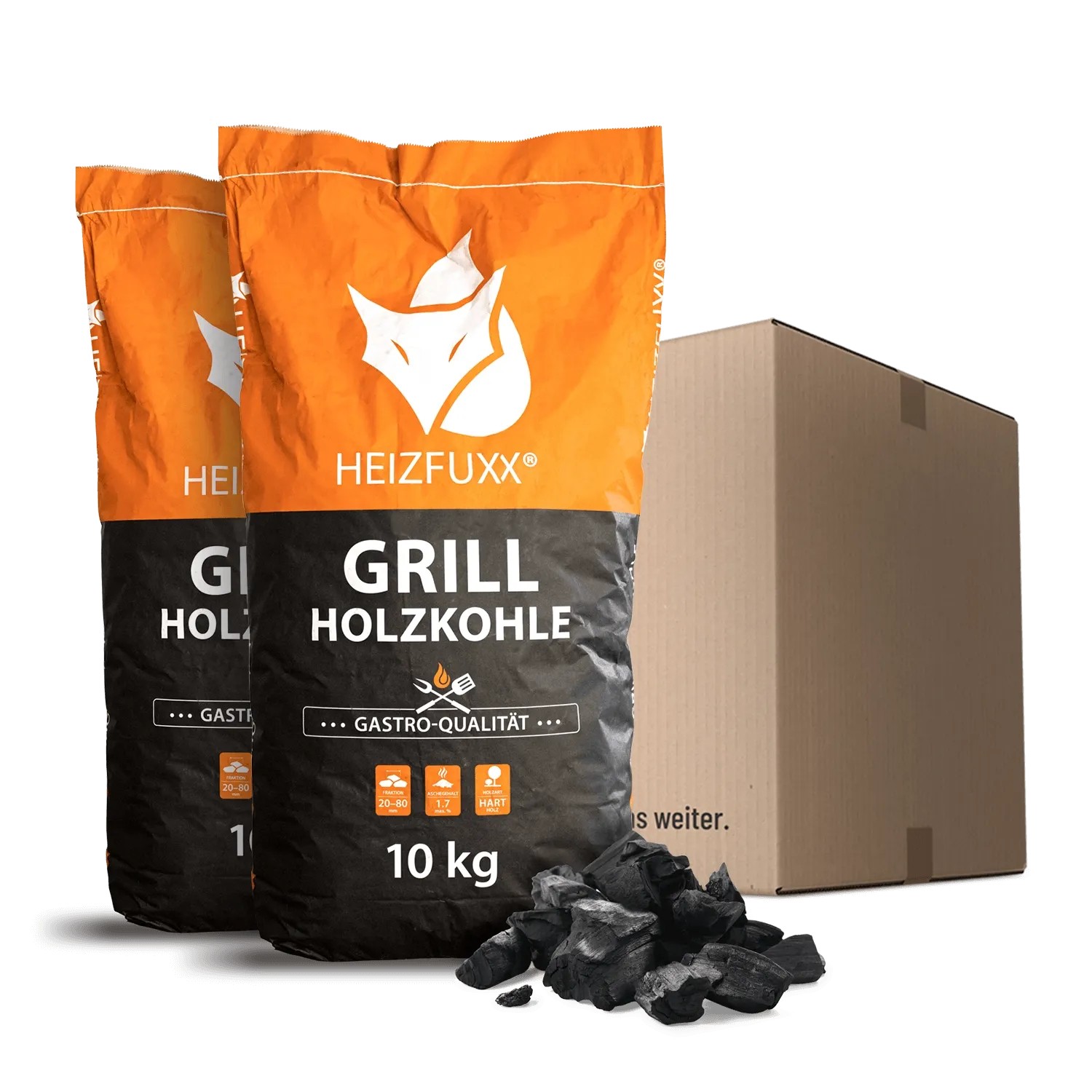Zwei orange-schwarze Heizfuxx Grillholzkohle 10kg Säcke, Gastro-Qualität, mit loser Holzkohle und Karton.