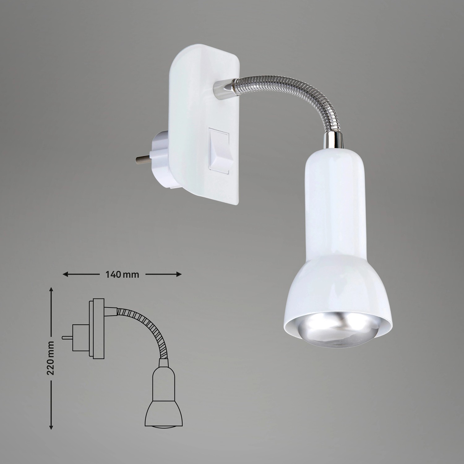 Weiße, schwenkbare Briloner Steckerleuchte Paku, 7x22x14 cm. Steckdosenlampe mit Flexarm und Wippschalter.