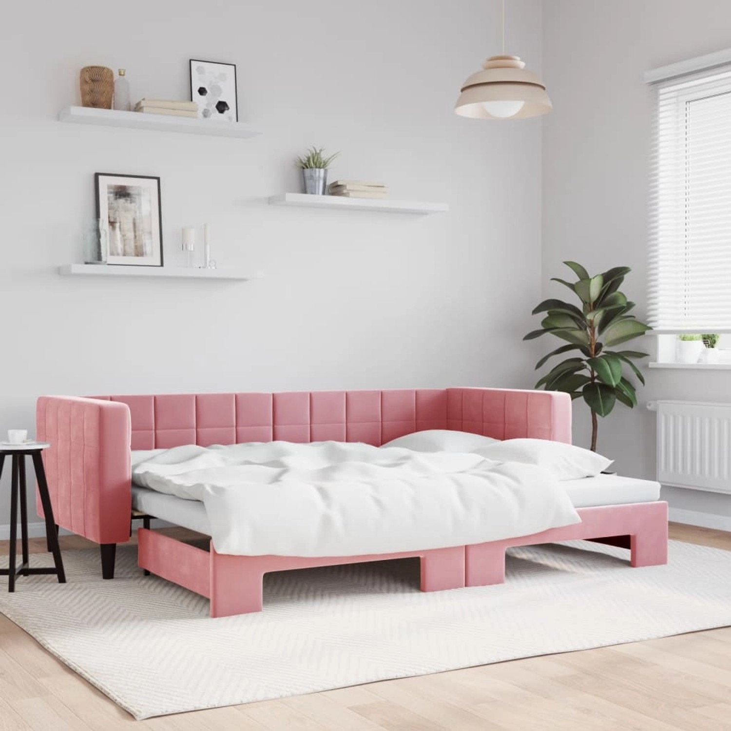 Ausgezogenes rosa vidaXL Tagesbett/Schlafsofa (80x200 cm) aus Samt im modernen Design.