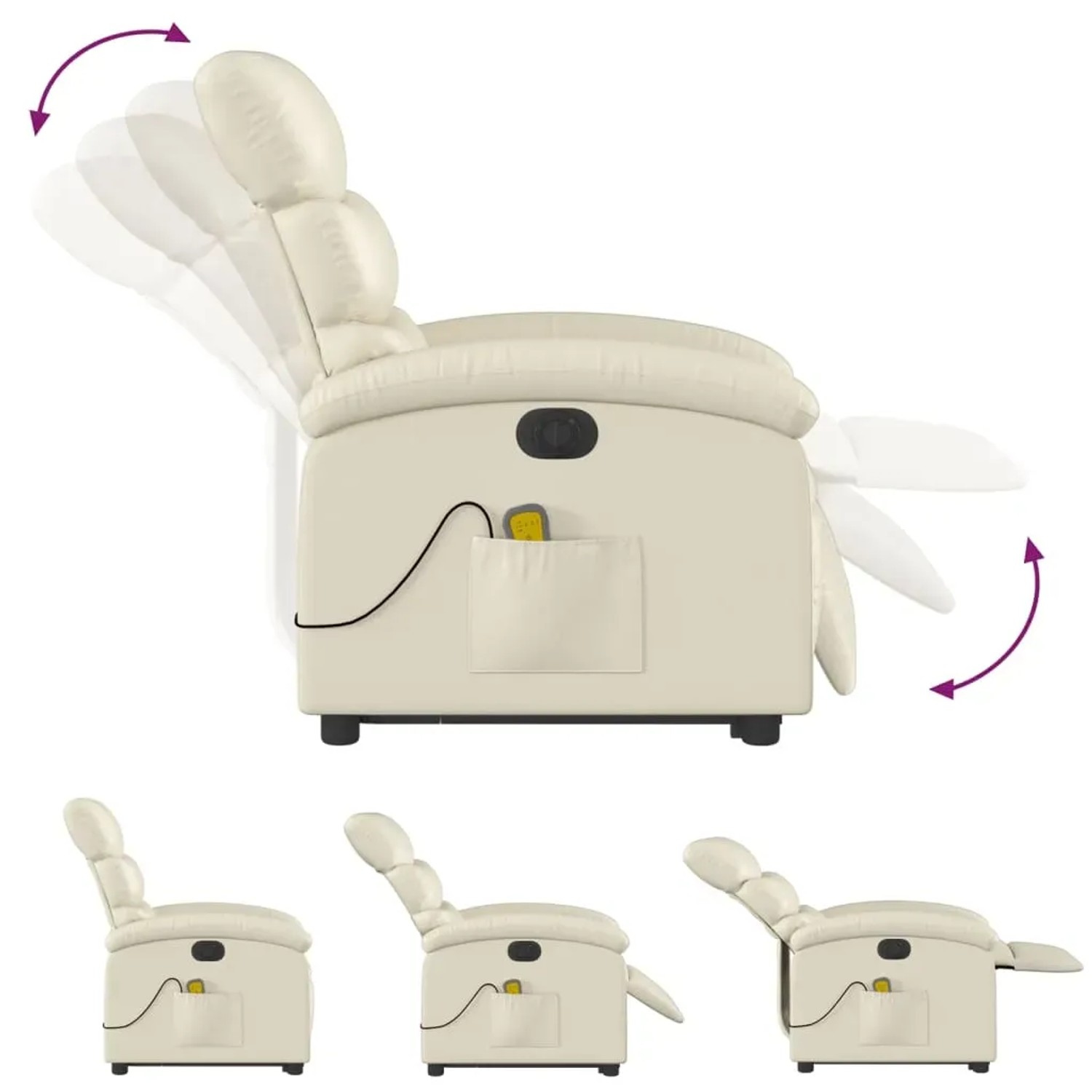 Elektrischer Massagesessel mit Aufstehhilfe in Creme Kunstleder, verschiedene Positionen der Rückenlehne und Fußstütze.