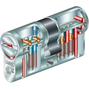 Detailaufnahme Abus Profilzylinder XD25, Schnittansicht mit Stiftebenen und Federn.