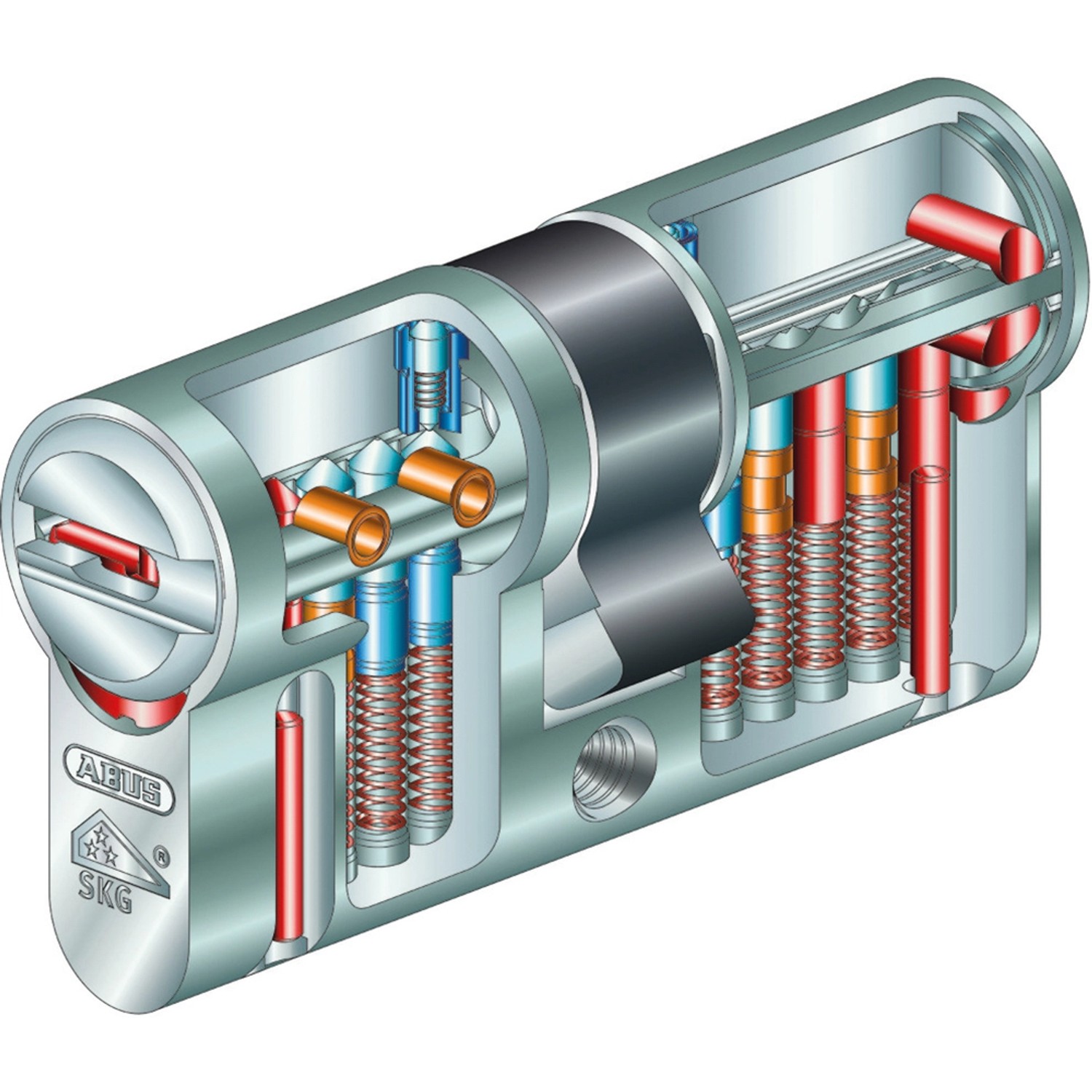 Detailaufnahme Abus Profilzylinder XD25, Schnittansicht mit Stiftebenen und Federn.