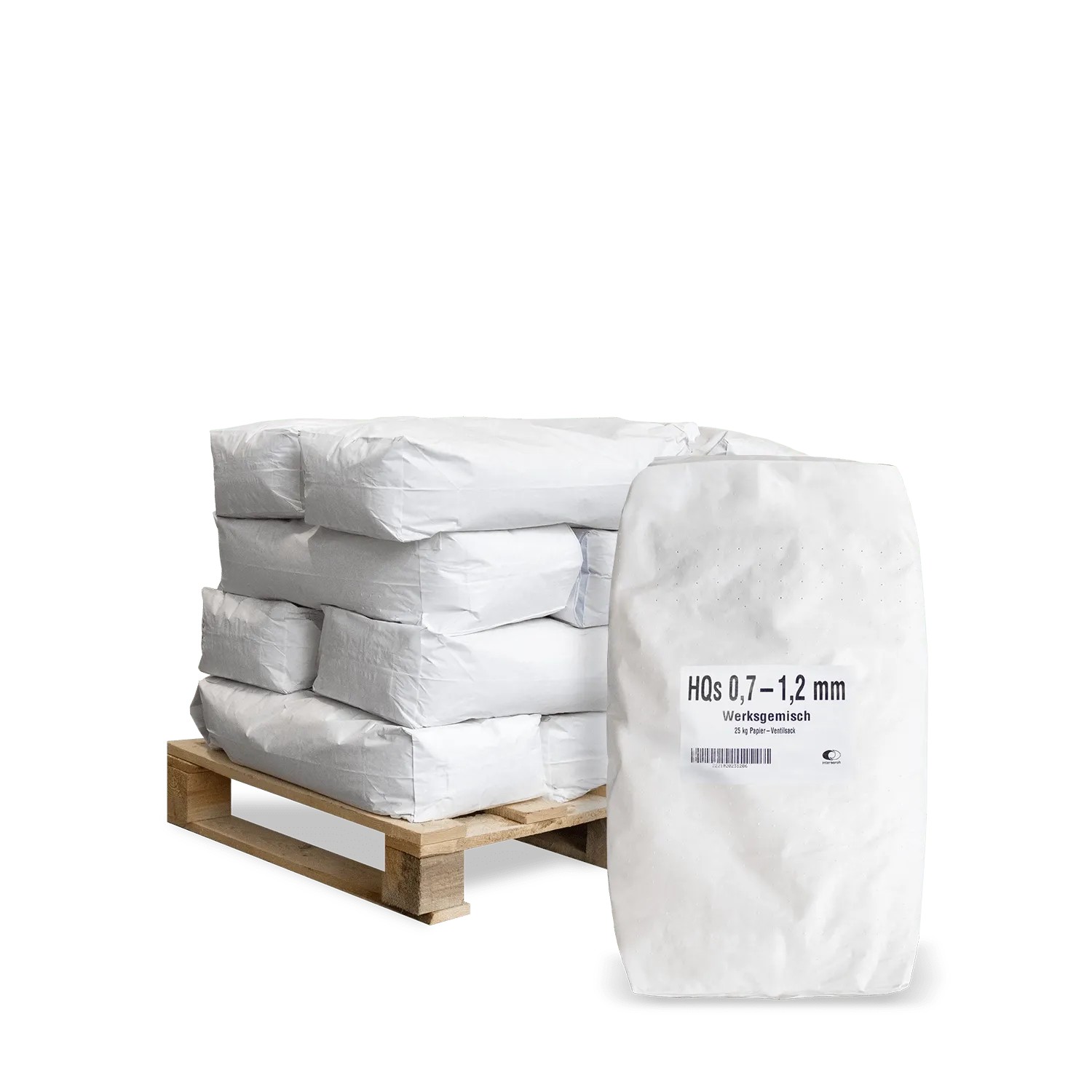 Galamio Quarzsand 0,7-1,2 mm: 12 weiße 25kg Säcke auf Holzpalette. Für Bau, Garten, Spielplatz.