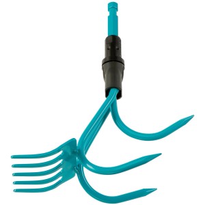 Gardena Combisystem 2in1: Grubber und Rechen Aufsatz in Türkis und Schwarz.