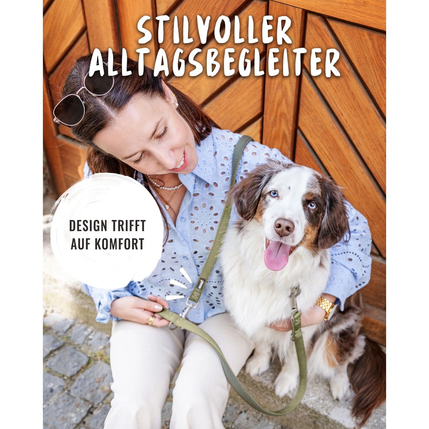 Frau mit Hund an grüner Rudelkönig Hundeleine Bella Führleine (230 cm).