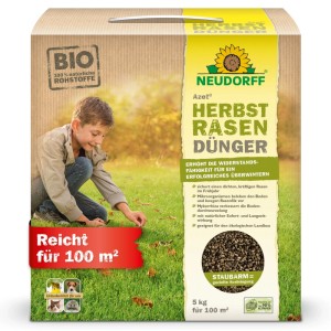 Neudorff Azet HerbstRasendünger 5 kg, Karton mit Junge auf Rasen. Fördert Winterhärte, Wuchs & Wurzeln mit Mykorrhiza.