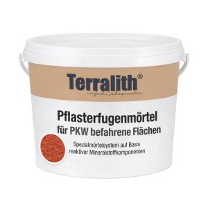 Terralith 2k Pflasterfugenmörtel Ziegelrot 26 kg im weißen Eimer. Spezialmörtel für PKW-befahrene Flächen.