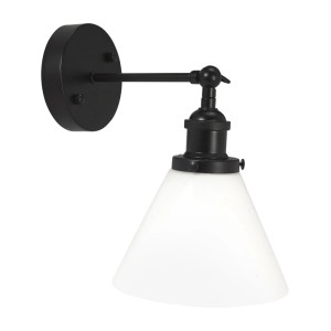 PR Home Lambda Wandleuchte mit Opalglas und schwarzem Metallgehäuse.