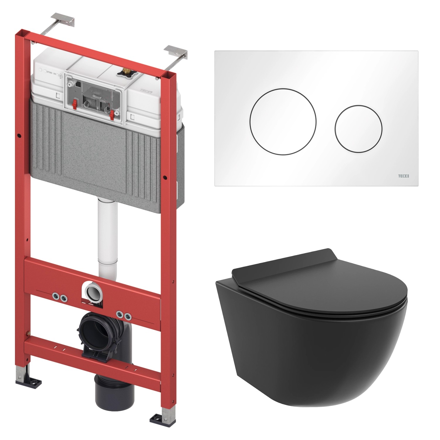 Bad Land WC SET Vorwandelement TECEbase + Toilette ROLO Schwarz + Platte Rund in Weiß