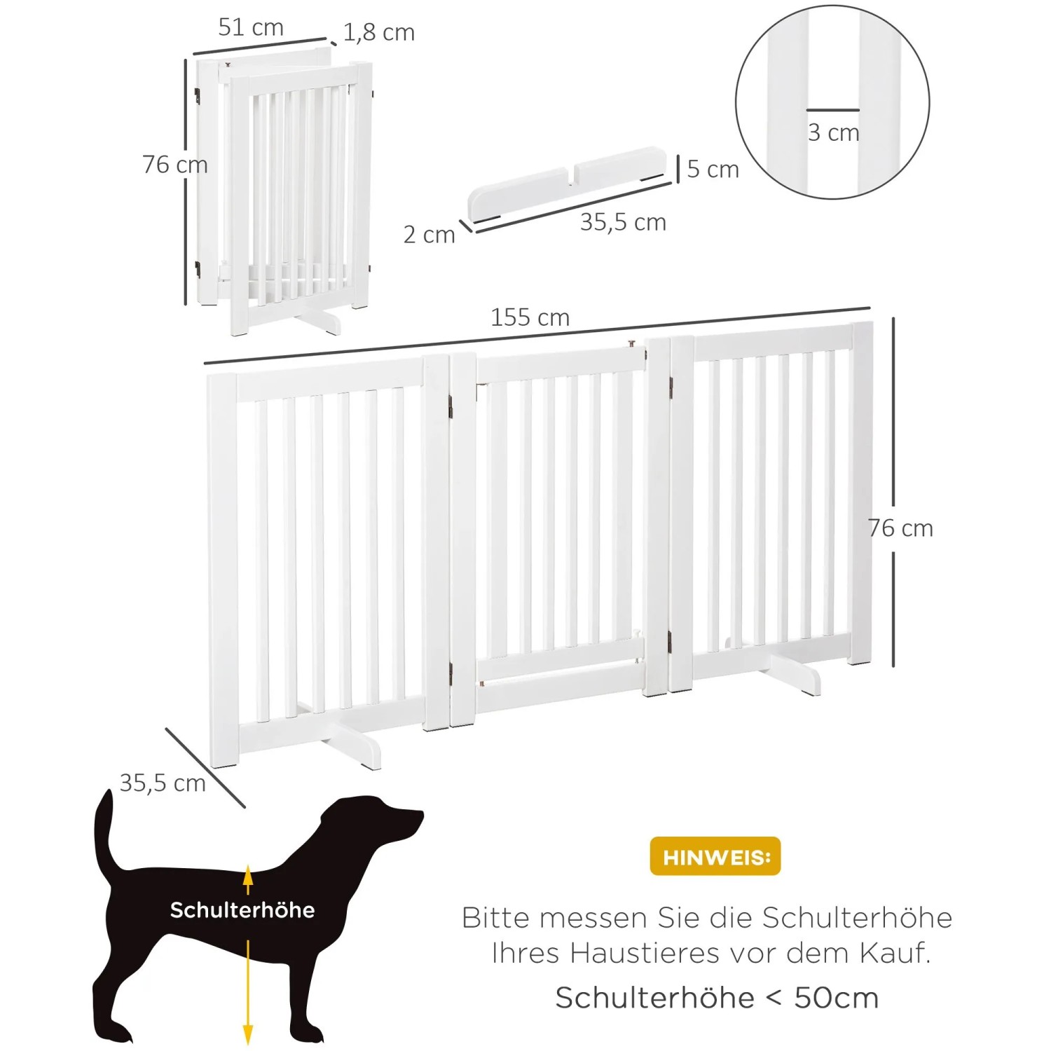 PawHut Absperrgitter aus weißem MDF, verstellbar, klappbar, 155x76 cm. Freistehendes Hundegitter mit drei Paneelen.