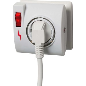 Weißer Zwischenstecker mit Überspannungsschutz, Nachtlicht und Ein/Aus-Schalter.