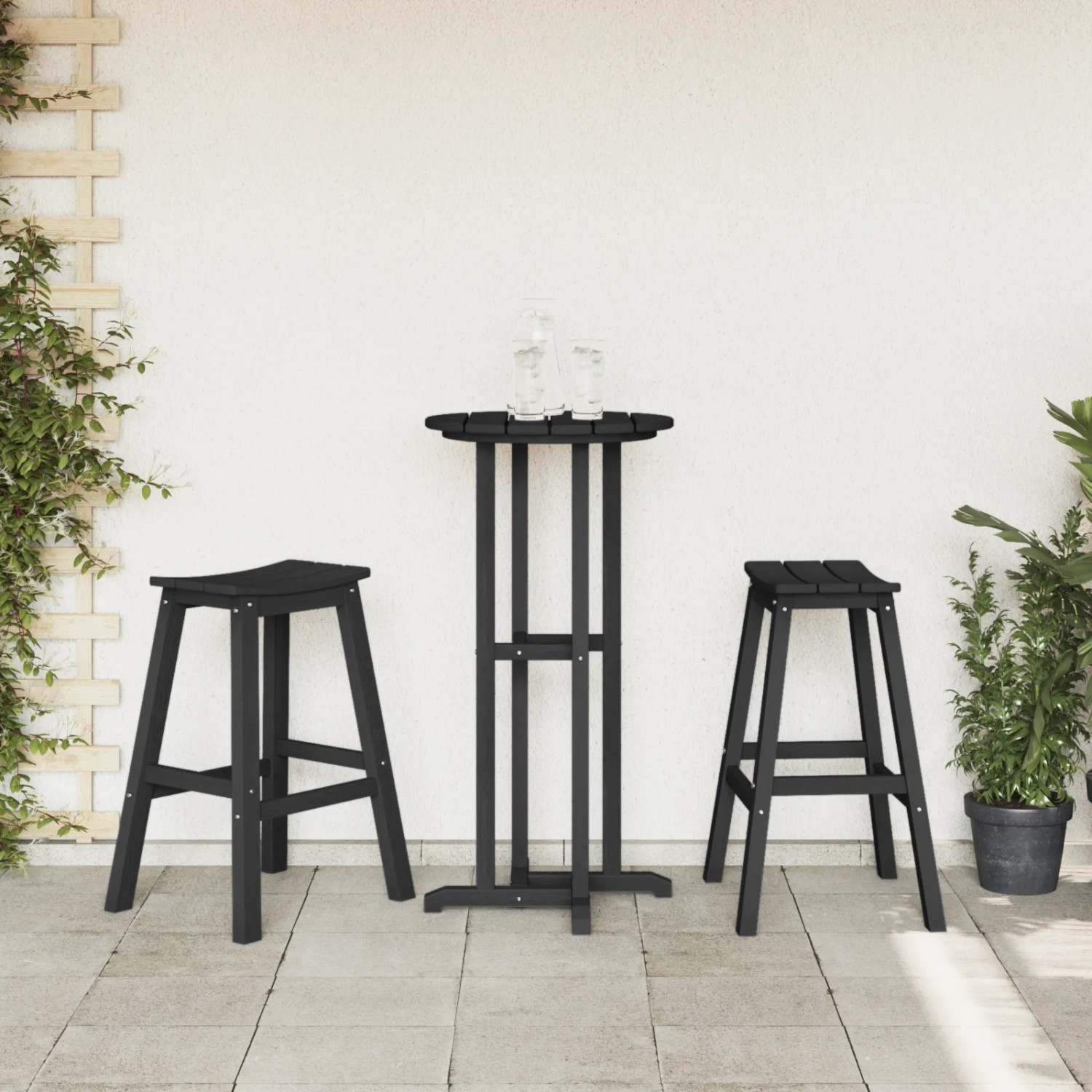 vidaXL 3-teiliges Gartenbar Set, schwarz, aus HDPE mit Holztextur für Terrasse und Balkon.