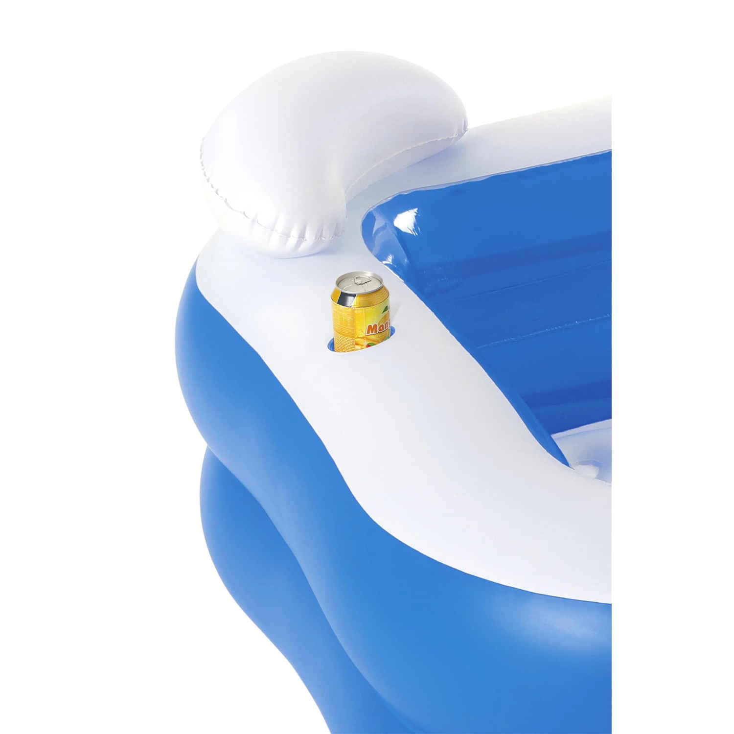 Detailaufnahme Family Pool Fun mit Getränkehalter, Kopfstütze und blau-weißen Elementen.