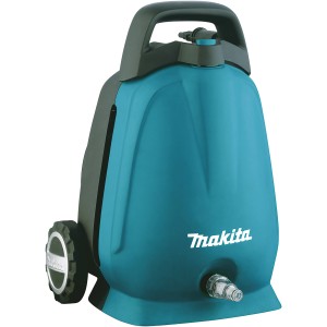 Makita Hochdruckreiniger HW102, 100 bar, 1300 W, blau/schwarz, mit Rädern und Tragegriff.