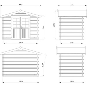 Technische Zeichnung Palmako Holz-Gartenhaus, druckimprägniert, mit Maßangaben.