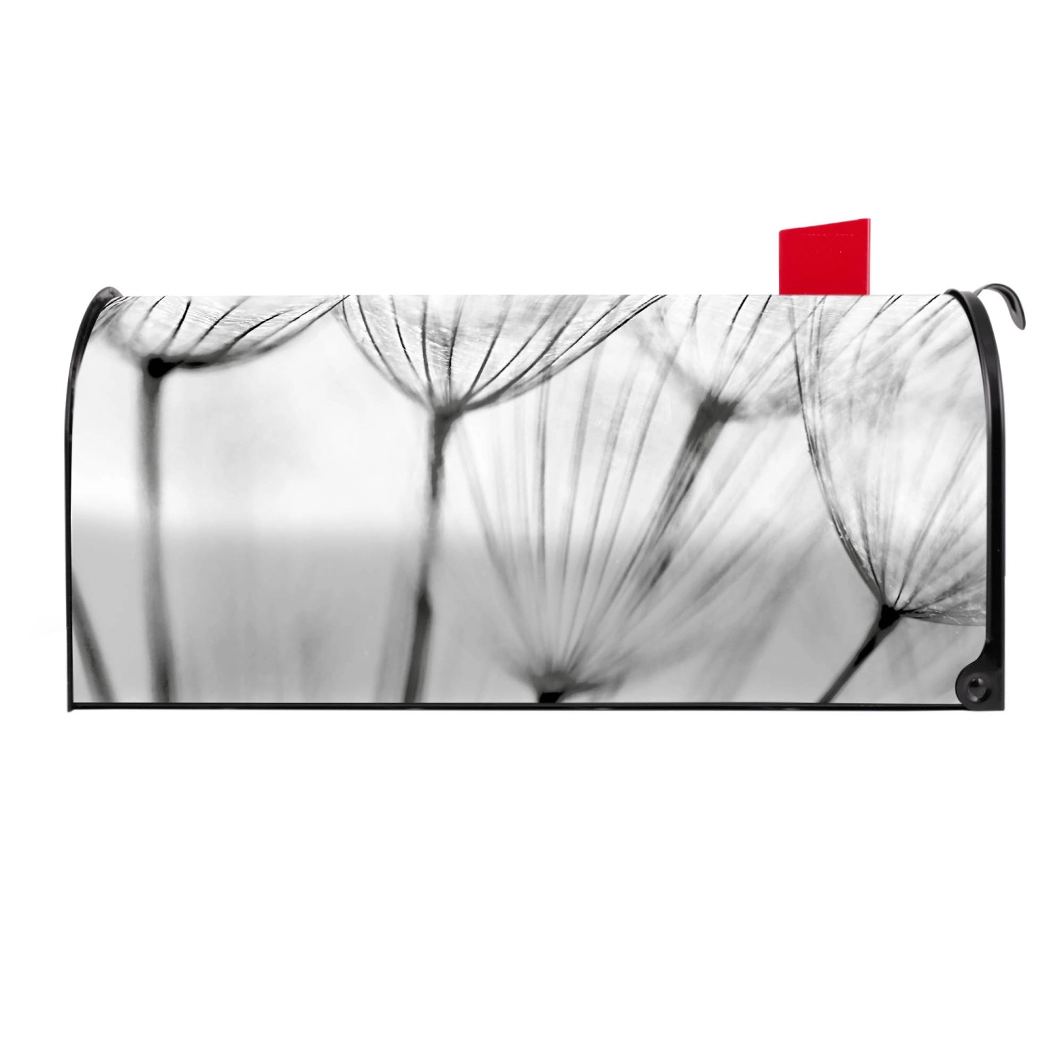 Schwarzer US Briefkasten mit Pusteblumen Motiv. Stahl, pulverbeschichtet, mit roter Fahne.