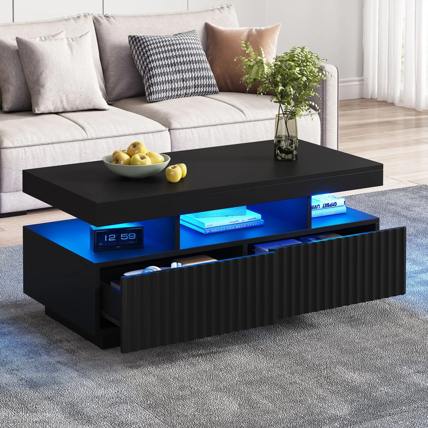 Merax Couchtisch Mit LED 2 Schubladen Rillenoptik Schwarz