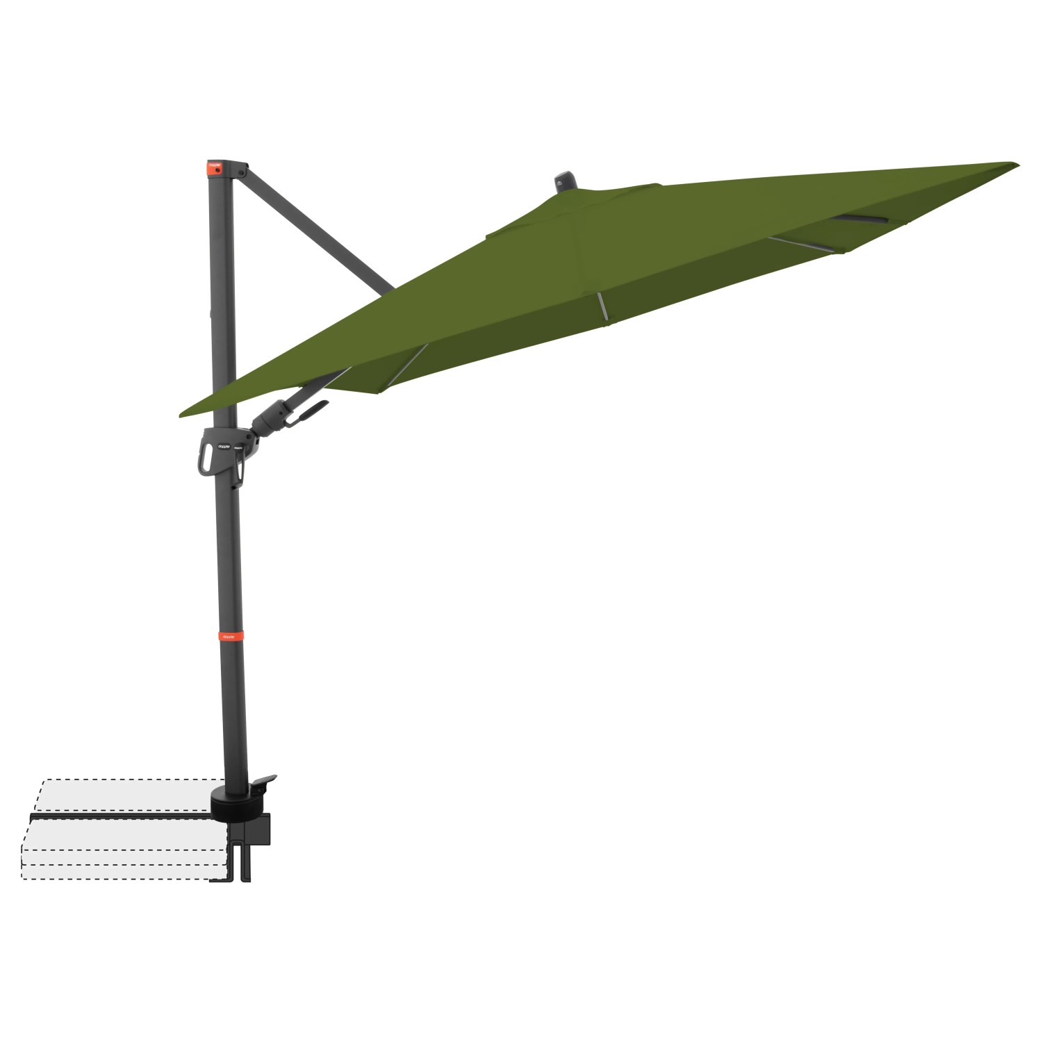 Quadratischer, kiwi-farbener Doppler Ampelschirm 210x210 cm mit Kurbelmechanik.
