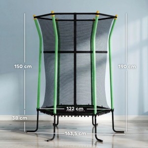 Grünes HOMCOM Kindertrampolin mit schwarzem Sicherheitsnetz, 122 cm breit, 190 cm hoch. Für drinnen/draußen.